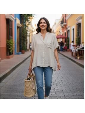 100% Linen Natural Button Front Top, Coastal Minimalist Blouse, Quiet luxury, M